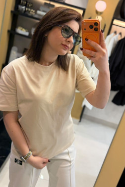 Dilvin Ekru Dekoratif Dikişli Bisiklet Yaka Tshirt