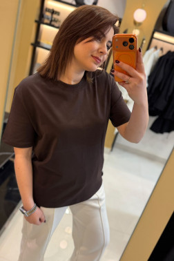 Dilvin Kahve Dekoratif Dikişli Bisiklet Yaka Tshirt