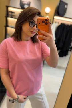 Dilvin Pembe Dekoratif Dikişli Bisiklet Yaka Tshirt