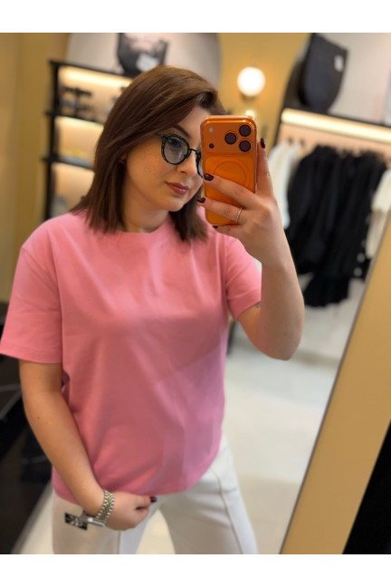 Dilvin Pembe Dekoratif Dikişli Bisiklet Yaka Tshirt