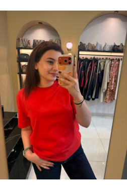 Dilvin Kırmızı Dekoratif Dikişli Bisiklet Yaka Tshirt