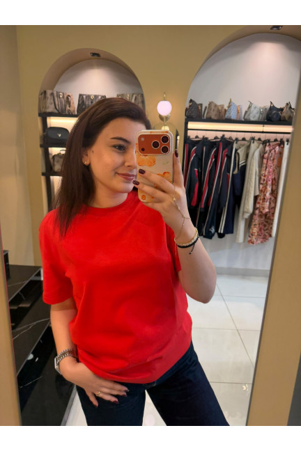 Dilvin Kırmızı Dekoratif Dikişli Bisiklet Yaka Tshirt