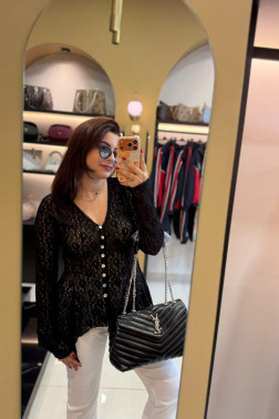 Dilvin Düğmeli Siyah Peplum Dantel Hırka