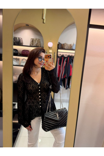 Dilvin Düğmeli Siyah Peplum Dantel Hırka