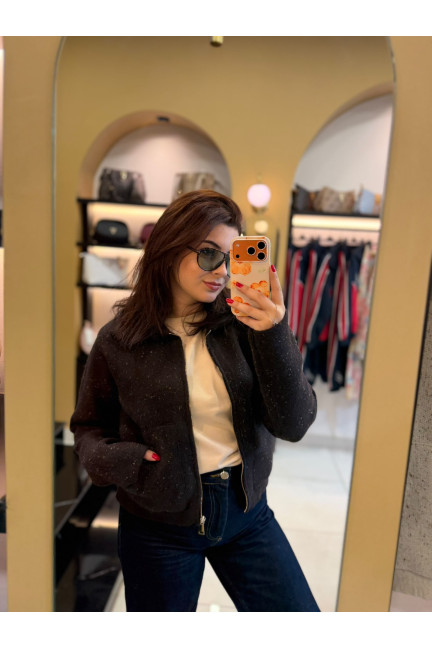 Dilvin Yün Karışımlı Kahverengi Fermuarlı Hırka