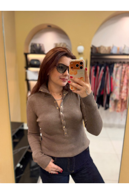 Dilvin Dik Yaka Çıtçıtlı Vizon Triko Kazak