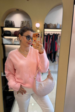 Dilvin V Yaka Pembe Yumuşak Dokulu Triko