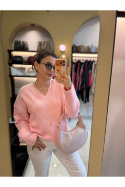 Dilvin V Yaka Pembe Yumuşak Dokulu Triko