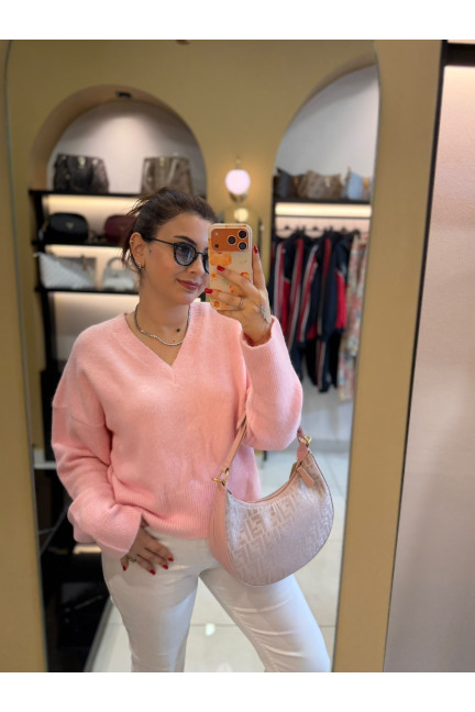 Dilvin V Yaka Pembe Yumuşak Dokulu Triko