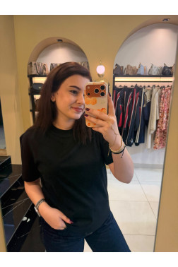 Dilvin Siyah Dekoratif Dikişli Bisiklet Yaka Tshirt