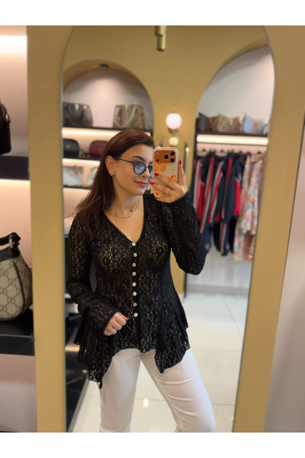Dilvin Düğmeli Siyah Peplum Dantel Hırka
