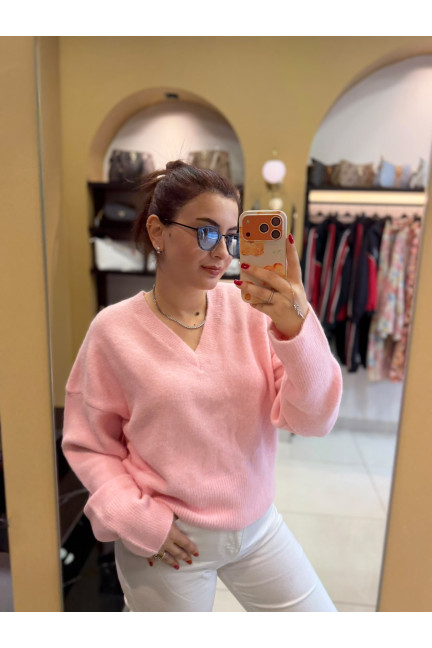 Dilvin V Yaka Pembe Yumuşak Dokulu Triko