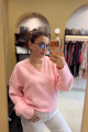 Dilvin V Yaka Pembe Yumuşak Dokulu Triko